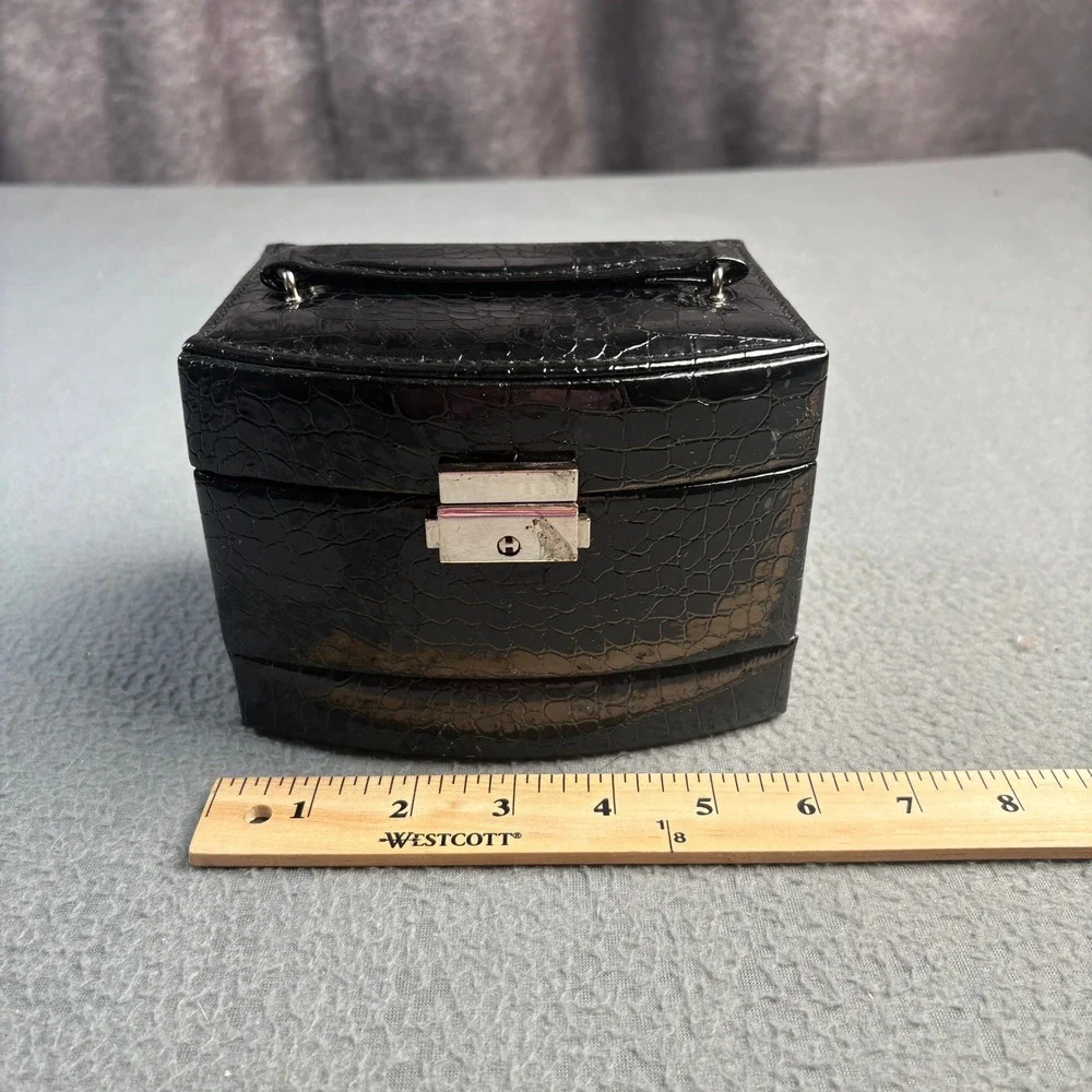 Black Croc Embossed Jewelry Box Organizer Pink Velvet Lining Mirror Mini Trunk